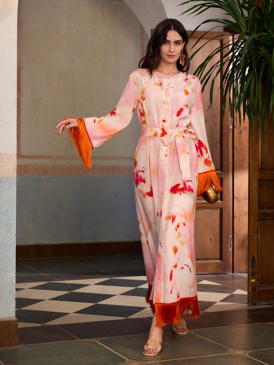 ZEYLAH Women's Linen Floral Print Robe With Open Front, Tassel Belt, Resort & Vacation Wear, Spring/Summer - Orange - View 1