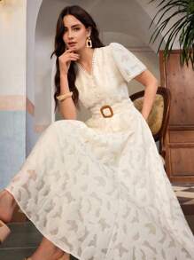 ZEYLAH Vestido largo elegante con escote en V, mangas cortas y cintura ceñida con cortes