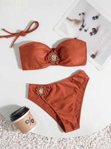 Swim Chiccia Bộ đồ bơi bikini thời trang gợi cảm màu trơn dành cho nữ, 2 trong 1 (cổ yếm & bandeau) áo hở lưng trang trí kim loại & quần bơi tam giác đính kim loại, đồ bơi đi biển mùa hè - Rỉ Nâu - Xem 2