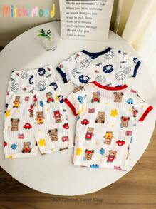 4pcs/Set Young Boy Summer Cartoon Animal Print Short Sleeve T-Shirt And Shorts Pajama Set