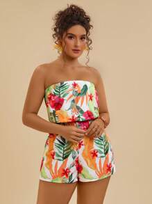 SHEIN VCAY Mono con estampado floral y cuello de halter talla grande, casual y elegante para usar todos los días, atuendos para el Día de San Valentín y vacaciones, ropa de mujer para vacaciones tropicales, regalos de Día de San Valentín para mujeres - Blanco - Ver 3