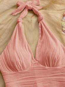 Soleia Women's White Wavy Textured Knit V-Neck Tie Front Romper, Fitted, For Beach Vacation, Party, Date, Afternoon Tea Dress Swimsuit Beach Club Outfit Halter Swimsuit One Piece Swimsuit - Pink - View 4