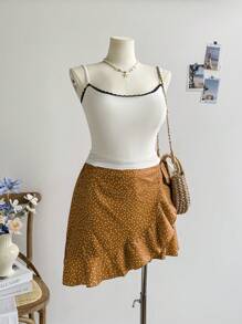 Soleia Plus Polka Dot Print Knot Side Ruffle Trim Wrap Hem Skirt Peplum Short Skirt - Multicolor - View 4