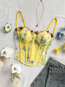 Soleia WYWH Resort Green Fishbone Embroidered Mesh Bustier - Mustard Yellow - View 7