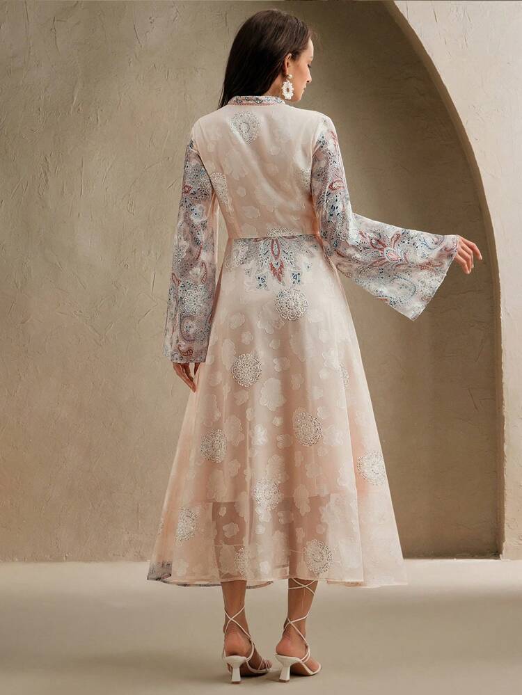 New Spring/Summer Floral Print Stand Collar Flare Sleeve Dress, Elegant Elegant