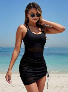 Swim Lushoire Women's Sexy Versatile Black Mesh Splicing Drawstring Skirt Style One-Piece Swimsuit For Spring/Summer Beach Vacation - Black - View 3