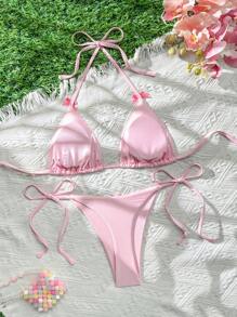 Swim Mod Set de 2 piezas de bikini de verano con parte superior y Bottom, con tirantes de espagueti, espalda descubierta y lazo, de tela brillante, en color rosa, conjunto de traje de baño elegante y lindo - Rosa - Ver 5