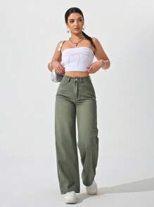 Jeanoix Women's Solid Color Casual Denim Jeans - Army Green - View 3