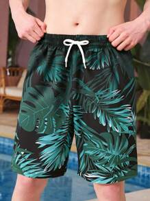 Pantalones cortos de playa con cordón y estampado degradado de palmeras para adolescentes - Multicolor - Ver 1
