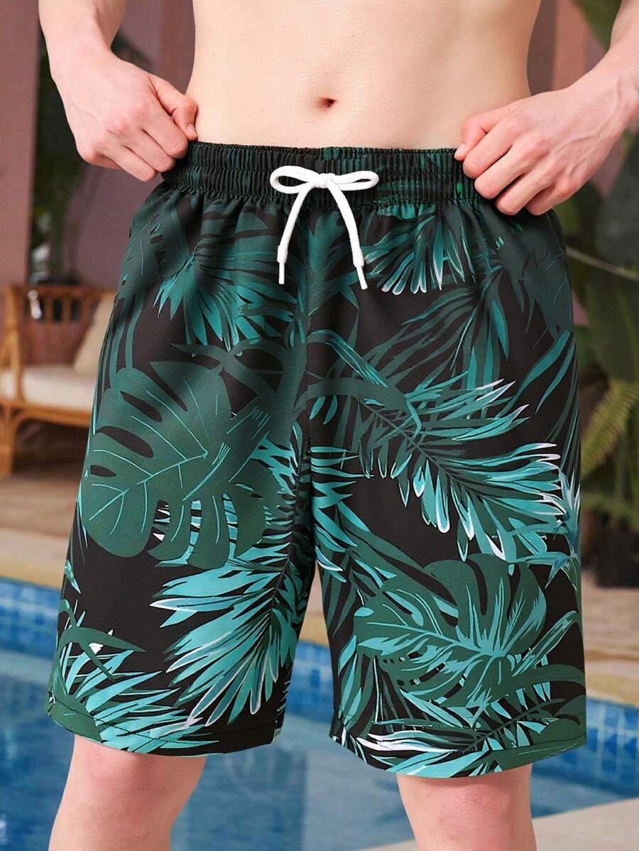 Pantalones cortos de playa con cordón y estampado degradado de palmeras para adolescentes - Multicolor - Ver 1