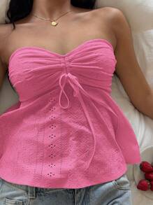SHEIN EZwear Dam sommarstickad urholkad rosa bandeau-topp med tub - Skrikrosa - Visa 5