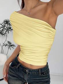 SHEIN EZwear 女士奶油黄色休闲不对称领口衬衫夏季上衣 - 黃色 - 查看 6