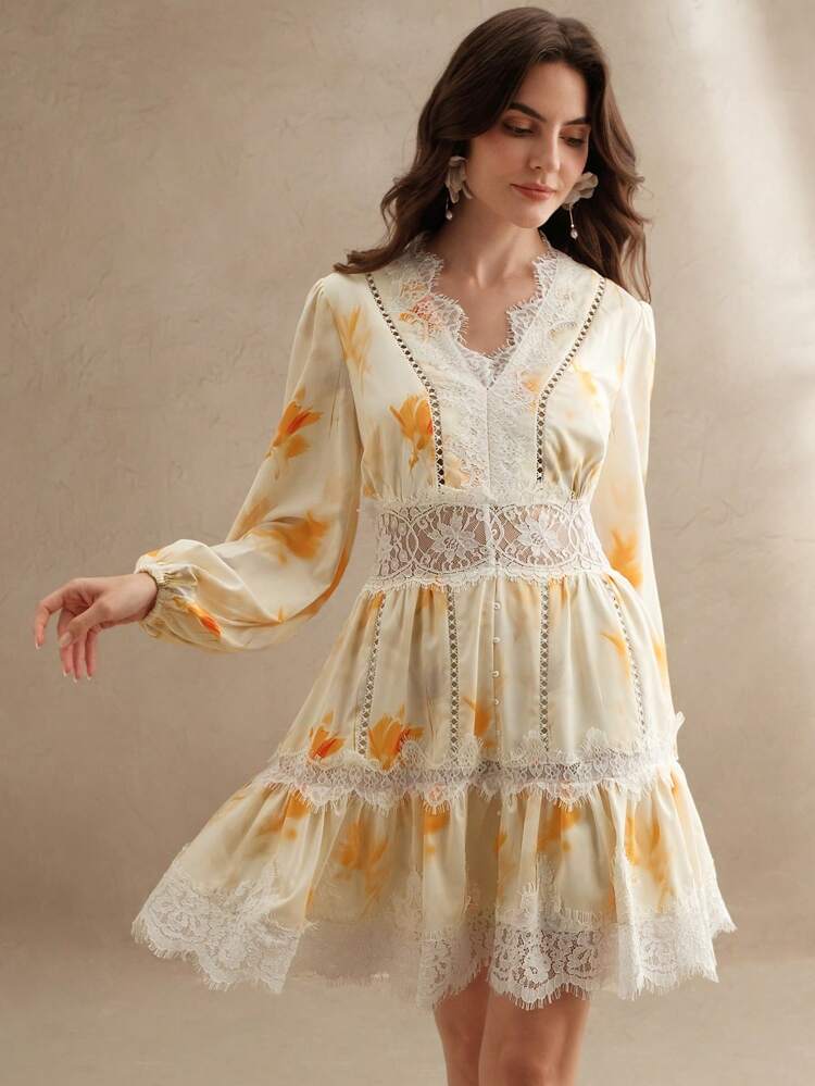 Robe nouvelle mode pour femmes avec col en V, taille marquée, empiècement en dentelle, imprimé et manchettes élastiques