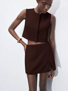 Maija 棕色圆领宽松无袖上衣和中腰西装裤裙两件套，适合女士，现代都市风格，优雅商务休闲 - 棕色 - 查看 5