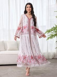 SHEIN Najma 优雅浪漫花卉图案雪纺拼接宽松女式连衣裙 - 彩色 - 查看 4