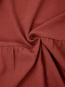 SHEIN LUNE Solid Button Front Peplum Blouse,Short Sleeve Tops - Burnt Orange - View 6