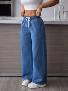 SHEIN PETITE Women's Drawstring Waist Pocket Wide Leg Loose Casual Jeans - Blue - View 3