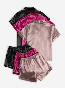 3 件套女士纯色撞色边短袖上衣和短裤睡衣套装