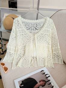 Breezaya Women's Thin Perforated 3/4 Sleeve Lightweight Cardigan, Summer - Apricot - View 3