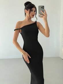 Firerie 女士优雅简约精致都市时尚日常办公室聚会婚礼旅行扭纹不对称紧身杏色细肩带连衣裙 - 黑色 - 查看 7