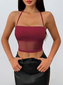 EgrlEra Parte superior casual de mujer con cuello de halter de encaje y malla translúcida empalmada - Burdeos - Ver 6