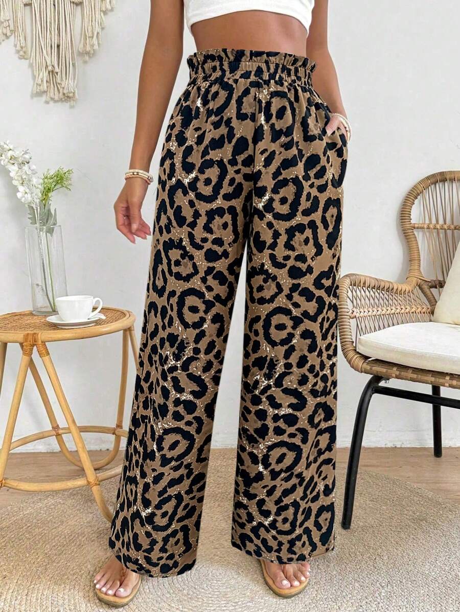 SHEIN PETITE Women's Leopard Print High Waist Pants Fall Cloth For Women - Multicolor - View 1