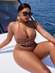 Slaydiva Plus Size Women Leopard Print Textured Fabric Sports Casual Swimwear Set For Summer Beach Vacation - Multicolor - View 5