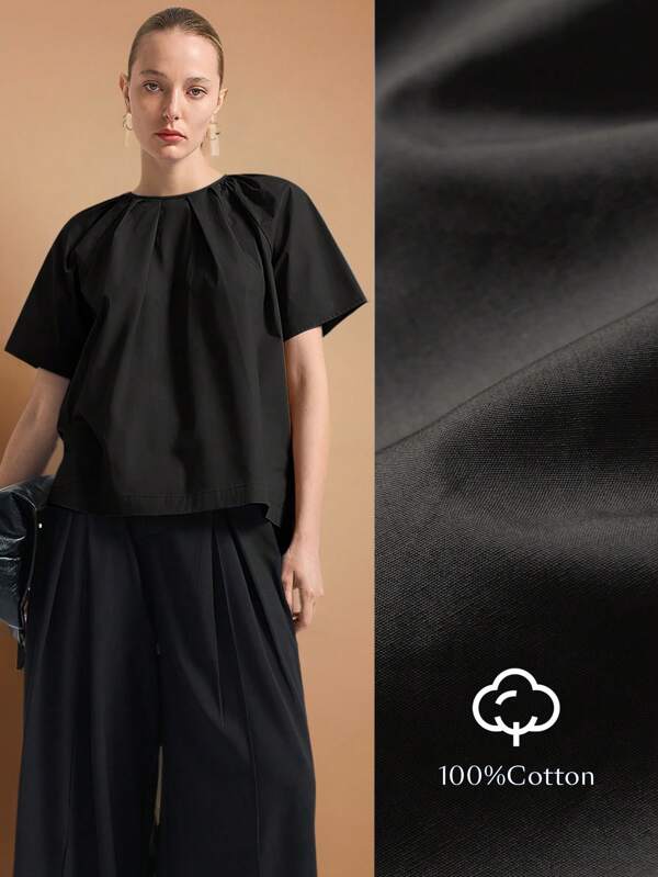 Ontre 2025 Summer Business Casual Women's Vacation Beach Party Top, Countryside Music Festival, Minimalist Solid Color Ruched Blouse, Loose Casual Commute, Fashion Urban, Black Loose Short Sleeve Top, Elegant Gathering Business Casual