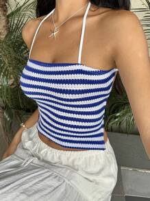 Sunnyshic 女式休闲度假条纹露背吊带蝴蝶结背心，夏季 - 藍白色 - 查看 4