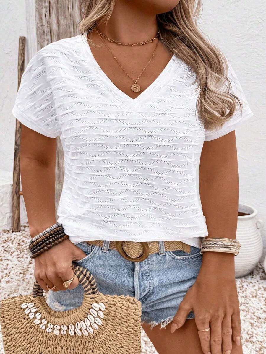 SHEIN LUNE CURVE Damen Lässig V-Ausschnitt Kurzarm Strukturiertes Jacquard T-Shirt in Große Größen - Weiss - Übersicht 1