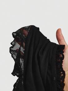 SHEIN MOD ملابس علوية نسائية سوداء بتصميم كشكشة من الدانتيل وربطة متقاطعة - الأسود - مشاهدة 5