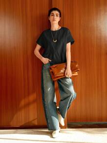 Uhlyne Áo thun nữ cổ tròn xếp ly tay ngắn rộng rãi, mùa hè - màu đen - Xem 8