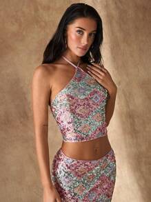 Glamine Sequin Halter Neck Tank Top, Fashionable For Summer - Green - View 8