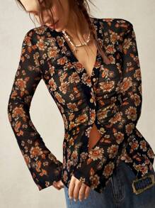 Bohemela Blusa con scollo a V in pizzo lavorato a maglia, maniche a sbuffo, stile boho vintage per le donne, stile bohémien per le vacanze, moda semplice e casual per uso quotidiano - Multicolore - Visualizzare 4