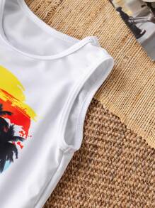Baby Boy Palm Tree Print Round Neck Tank Top And Shorts Casual Swimwear Set - Multicolor - View 5