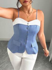 Elenzga Plus Size French Style Women's Sleeveless Cropped Top, Patchwork Blazer Design, Spring/Summer New Collection - Blue - View 1