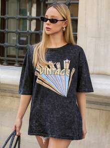 RueChic Tricou casual cu mânecă scurtă, culoare solidă, guler rotund, stil relaxare, croială lejeră, contrast frontal, sezonier, vintage, cu grafică, spălat cu acid