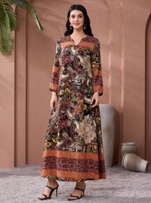 Al Najma 女士休闲腰果印花V领长袖宽松阿拉伯风格连衣裙，适合节日穿着，端庄大方 - 彩色 - 查看 4