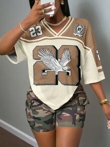 Slaydiva Women's Plus Size Casual Summer T-Shirt, Suitable For Music Festivals, Easter, Western/Boho Style, Birthday Parties, Graduation, Daily Wear, Vacations, Cruise Travel, Beach, Sunbathing. Features: Simple, Sporty, Streetwear, Letter/Number Print, Camo, Colorblock Stripe, Mesh, Loose Fit Suitable For Going Out