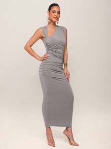 Silquee Vestido elegante de mujer de corte slim y largo con cuello asimétrico y plisado para fiesta