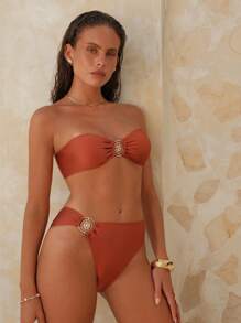 Swim Chiccia Bộ đồ bơi bikini thời trang gợi cảm màu trơn dành cho nữ, 2 trong 1 (cổ yếm & bandeau) áo hở lưng trang trí kim loại & quần bơi tam giác đính kim loại, đồ bơi đi biển mùa hè - Rỉ Nâu - Xem 7