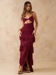 SHEIN BAE 女式纯色酒红色高开衩露背荷叶边下摆网眼连衣裙，适合海滩度假、约会、早午餐、婚礼宾客穿着，春夏季 - 酒紅色 - 查看 5