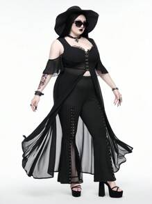ROMWE Goth Cárdigan de playa de gasa con parches de encaje transparente, estilo gótico, tallas grandes, para verano