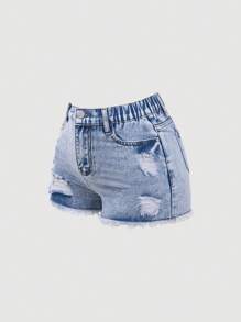 Girls Casual Asymmetrical Distressed Hem Blue Denim Pants Tween Girl Clothes 14y Tween Kid Girl Clothes Tween Clothes Girls Summer Tween Summer Clothes Girls Tween Summer Cloths Young Girls Sets Summer Young Girls Sets Shorts Jean Jean Shorts For Teens Summer Summer Clothes For Teens Shorts, School, Campus, College