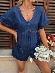 SHEIN 孕妇蓝色牛仔短袖V领连体衣