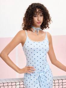 SHEIN MOD فستان أنيق رسمي ذو بقع زرقاء منقطة مع طوق دانتيل والخدشة على اللوحة الأمامية - الأزرق - مشاهدة 7