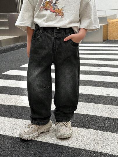 SHEIN Young Boy Fall Winter Distressed Retro Vintage Washed Loose Fit Black Baggy Denim Jeans, For Kids Clothes Costume Daily Wear , Back To School Clothes And Streetwear