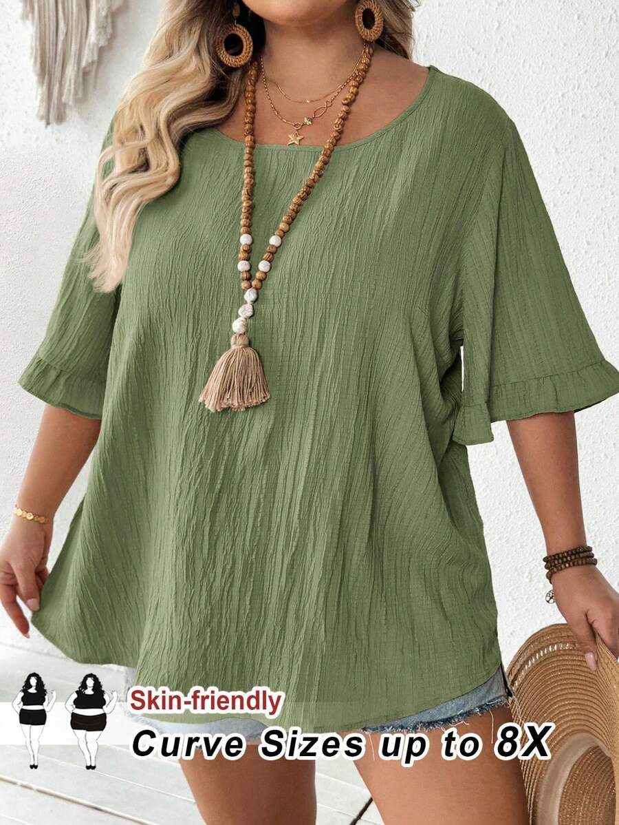 SHEIN CURVE+ Áo sơ mi kaki mùa hè cỡ lớn dành cho nữ, tay ngắn xếp ly, vạt rộng, kiểu dáng thường ngày/đi biển/nghỉ mát/đồ dùng cần thiết cho bãi biển/lễ tốt nghiệp/tiệc trà mùa hè/đồng quê/kỳ nghỉ biển/bãi biển/trang phục đi biển - Màu xanh Bạc hà - Xem 1