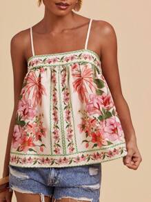 Travachic Women's Floral Print Pleated Loose Vacation Camisole - Multicolor - View 1