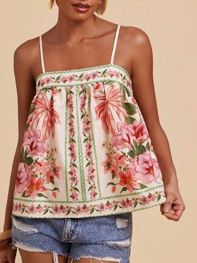 Travachic Women Flower Print Vacation Cami Top, Suitable For Holiday, Afternoon Tea, Wedding Season, Beach Cruise Vacation, City Road Trip Vacation, Boho Vacation, Music Festival, Beachwear, Easter, Beach For Woman, Elegant Tops For Women, Vacation, Concert Women, Tropical Vacation, Holiday, Bohemian,For Spring Summer And Autumn